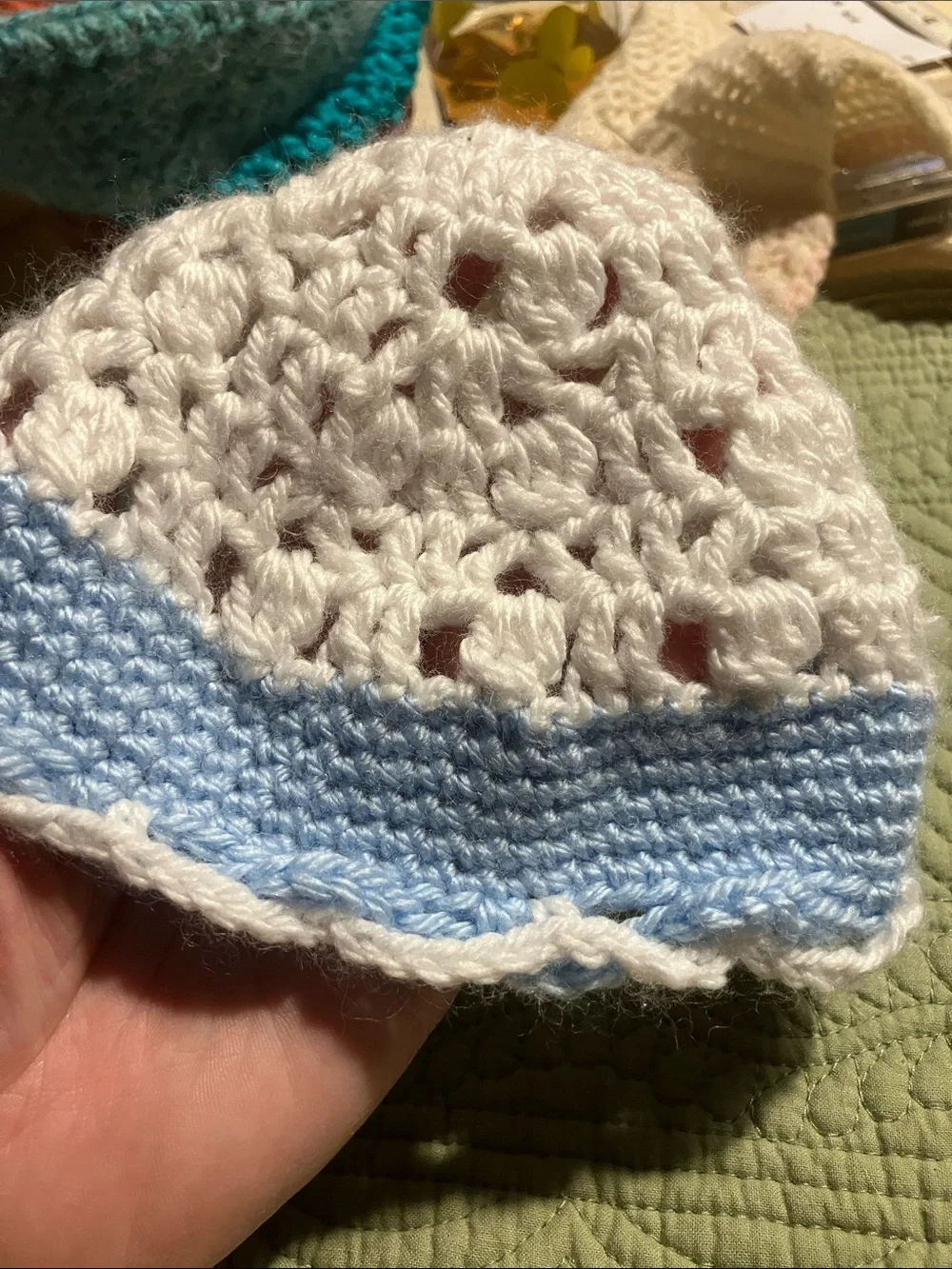 Handmade crocheted hat with flower embellishment 18” circumference